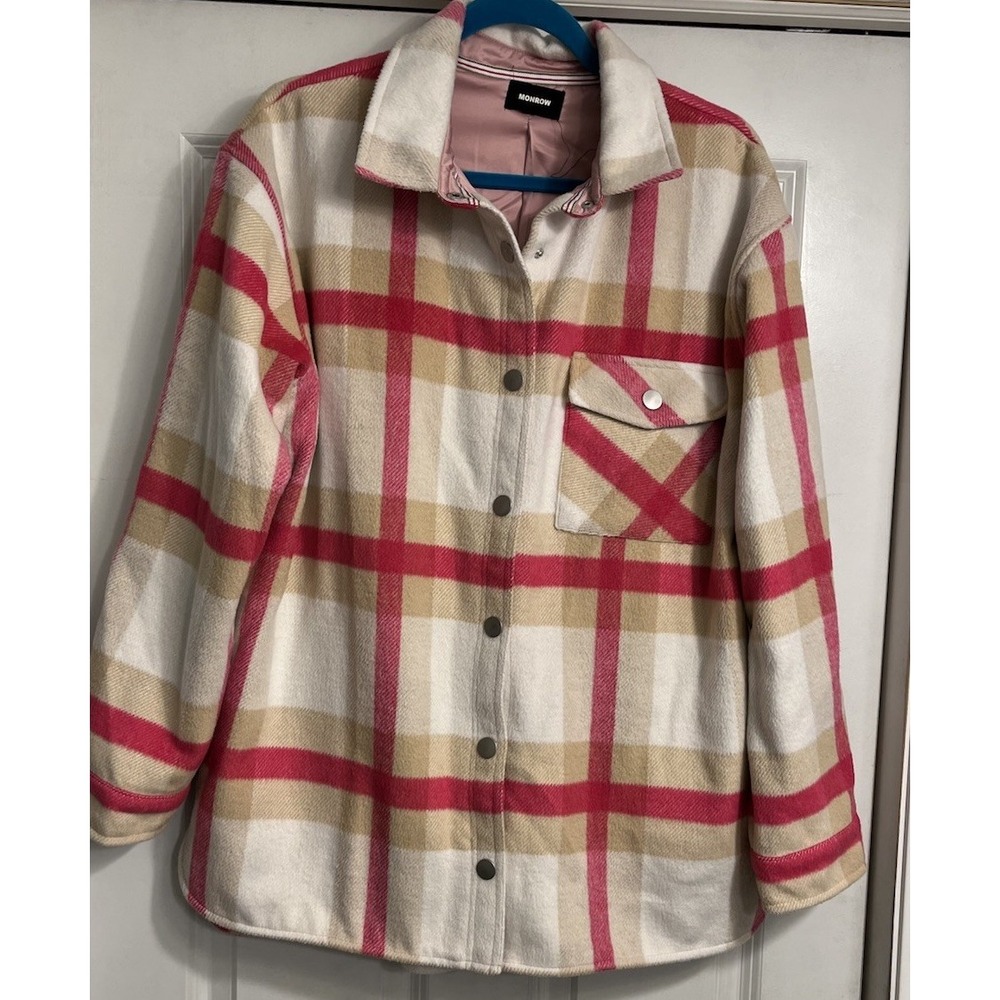 Women's Flannel Plaid Shacket Long Sleeve Snap Jacket Medium Oversized Pink‎